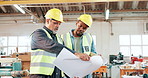 Man, architect and team with blueprint in construction for planning, brainstorming or discussion at warehouse. Male person, builder or civil engineer with documents, paperwork or floor plan on site
