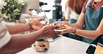 Breakfast, hands and waitress with customer at cafe for healthy, wellness and sweet meal. Food, yummy and closeup of barista serving person with chocolate croissant in coffee shop or restaurant.