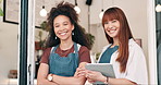 Happy woman, tablet and team by door at cafe for small business management or leadership. Portrait of female person or employees smile with technology by entrance for creative startup at coffee shop