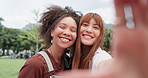 Happy woman, friends and selfie for photography, memory or picture at outdoor park together. Portrait of female person or people smile in friendship, hug or bonding for photo or capture in nature