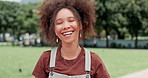Happy, smile and portrait of woman in park for holiday, freedom and relaxing outdoors. Happiness, nature and face of person with joy, confidence and positivity for fresh air or wellness in summer