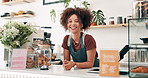 Face of woman, cafe business owner or cashier at counter for welcome, customer service and hospitality at startup. Portrait of african waitress, barista or seller at bakery, restaurant or coffee shop