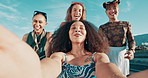 Happy, selfie or friends running outdoor with fun energy or freedom, bonding or playing. Portrait, live streaming or gen z group pushing woman in parking lot for social media, challenge or blog trend