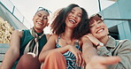 Selfie, smile or friends with fashion in city on holiday vacation with youth culture, streetwear or smile. Happy, trendy women or stylish urban clothing with social media, swag or diversity together