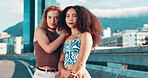 Woman, lesbian and fashion in city for pride, style or empowerment in summer clothing. Portrait of confident female person, LGBTQ or young couple in beauty, makeup or cosmetics on street in Cape Town