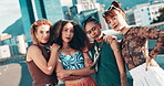 Fashion, empowerment and woman friends in city together for girl power, support or trendy style. Portrait, diversity and attitude with group of young people outdoor on asphalt bridge in urban town