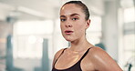 Face, fitness and sweating with woman in gym to rest from workout for health or cardio. Portrait, exercise and tired or exhausted young athlete training and breathing with intensity for improvement