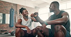Men, fist bump and friends in gym, fitness and face with pride, respect and happy for training together. African guy, black people and smile for workout, exercise and teamwork with support for health