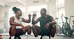 Fitness friends, fist bump and gym workout, training and exercise success, well done or support on break. Happy face of coach, personal trainer and black man with hands together for goals or teamwork