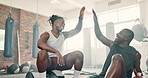 Men, high five and friends in gym, fitness and face with pride, respect and happy for training together. African guy, black people and smile for workout, exercise and teamwork with cheers for health