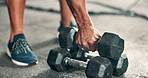 Fitness, hands or strong man training with dumbbells, powder or power in workout for wellness at gym. Closeup, lifting weights or healthy sports athlete in exercise for biceps muscle or development