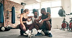 Fitness, conversation or friends in gym to relax on break in training, exercise or workout routine. Smile, diversity or happy people in a group discussion speaking of health class, sports or wellness