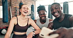 Selfie, friends and people in gym for fitness, training and exercise for wellness, health and workout. Sports, diversity and happy group picture for social media, online post and memory for internet