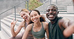 Face, city and selfie with friends, fitness and profile picture with social media and happiness. Portrait, people and man with women and New York with support and motivation with exercise and workout