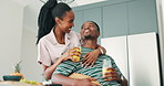 Black couple, kitchen and drinking at breakfast in a home with love, smile and bonding with food. Happy, support and marriage with trust and relax from cooking with juice and fruit at morning