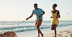 Travel, beach and couple running with dog in nature for bonding, fun and freedom, playing or adventure. Energy, animal and African people with puppy Labrador at sea for vacation, games or fresh air