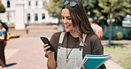 Woman, smartphone and laughing outdoor, funny meme and student on campus with communication and books. Chat, internet search and comedy online, social media or texting with contact at university