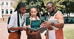 Textbook, conversation and students studying in outdoor park for university test, project or exam. Discussion, education and young friends reading information in research manual together at college.