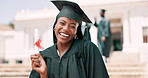 Education, graduation and smile with black woman student at university event for milestone celebration. Portrait, smile for success and graduate with certificate on campus for growth or achievement