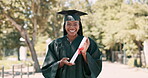 Education, graduation and success with black woman student at university event for milestone celebration. Portrait, smile for future and graduate with certificate on campus for growth or achievement