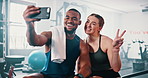 Selfie, man and woman in a gym, fitness and exercise with progress and challenge with memory. People, wellness center and friends with a smartphone and profile picture with workout, smile or training