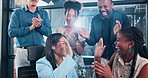 Excited, business people and applause with high five in celebration for teamwork, bonus or promotion at office. Group of employees smile, clapping or success for good news or achievement at workplace