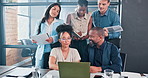 Business, people and laptop in meeting for schedule planning, brainstorming or teamwork at office. Group of employees taking notes in staff training, collaboration or project on computer at workplace