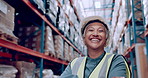 Senior woman, helmet and warehouse for logistics, shipping business and boss, pride and smile in portrait. Supply chain, distribution industry and manager at storage facility with hardhat for safety