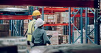 Colleagues, walk and warehouse as inspection or delivery of product for quality assurance, distribution or logistics. People, checklist and teamwork in storage or ecommerce shipping, courier or cargo