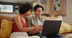 Home, laptop and lesbian couple with a credit card, payment and excited with saving and budget planning. Queer people, apartment and women with a computer and ecommerce with internet and transactions