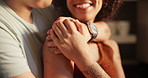 Happy woman, hands and lesbian couple hug in kitchen for love, romance or bonding together at home. Closeup of female person, LGBT or gay people smile for embrace, trust or support in care at house