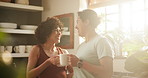 Couple, lgbtq and drinking coffee for love, conversation and bonding or security in relationship. Lesbians, people and talking on weekend in kitchen, tea and care in partnership and hot beverage