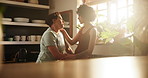 Woman, lesbian couple and talking in kitchen for love, trust or support in confession together at home. Female person, LGBT or gay people in discussion by window for relationship or bonding at house