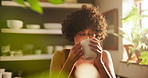 Woman, drinking coffee and daydreaming on morning, calm and relaxing with hot beverage at home. Female person, thinking and peaceful drink or contemplation on weekend, daydream and scent in kitchen