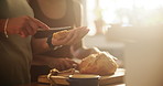 Woman, hands and lesbian couple with bread, spread or butter for meal, snack or wheat in kitchen at home. Closeup of female person, LGBTQ or gay people making food, breakfast or morning loaf on table