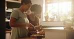 Happy woman, lesbian couple and breakfast in kitchen with bread for meal, snack or wheat at home. Female person, LGBTQ or gay people making food with spread for morning or natural nutrition at house