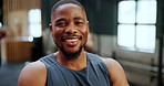 Man, face and athlete in gym or confident for physical activity goal for muscle fitness, training or weight loss. Black person, personal trainer and sports performance for progress, pride or strong