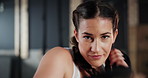 Woman, gym and boxing with training, face and practice for a match and sports with endurance. Challenge, person or boxer with workout or girl in a wellness centre or progress with health and fitness