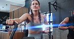 Exercise, spin class and woman in gym for training, intense workout and fitness for healthy body. Sports, cardio and people on cycling equipment or machine for performance, endurance and wellness