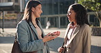 Meeting, conversation and business women in city for planning, discussion and talking on morning commute. Corporate, teamwork and workers in urban town for journey, travel and networking outdoors