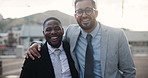 Businessman, friends and hug in city for greeting, partnership or teamwork in career success. Portrait of young man, colleagues or people with suit and smile for friendship or b2b in an urban town