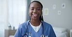 Black woman, nurse and face with smile for healthcare at hospital, expert with pride and medical professional. Medicine, wellness and happy in career with portrait, integrity and advice for kindness