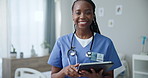 Black woman, nurse and tablet at hospital, healthcare and medical schedule with database and check test results. Tech for health, medicine info online and make appointment with telehealth in portrait