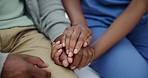 Holding hands, support and trust with empathy and therapy, people for healthcare with nurse, comfort and care. Caregiver, depression and closeup for mental health, advice with respect and kindness