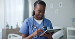 Black woman, nurse and tablet at hospital, health and medical schedule with database and check test results. Tech for healthcare, medicine information online and make appointment with telehealth