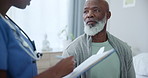 Senior care, black man and nurse with paperwork for health insurance, assessment or exam on bed. clipboard, questions and mature person with caregiver in consultation for medical advice, test or help