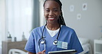 Black woman in portrait, nurse and tablet at clinic, health and medical schedule on database and check test results. Tech for healthcare, medicine info online and make appointment with telehealth