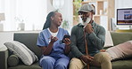 Old man, caregiver and smartphone at nursing home with laughter, help with social media and communication. Black people joke, using phone and nurse with patient for senior care, kindness and tech
