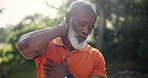 Old man, neck pain in park and spine injury with health, medical emergency and joint ache in nature. African runner with fibromyalgia, discomfort or inflammation with pressure during exercise outdoor