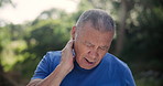 Old man, neck pain outdoor and spine injury with health, medical emergency and joint ache in nature. Muscle tension, fibromyalgia and discomfort, inflammation or pressure during exercise in park